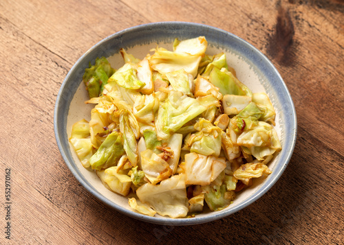 Stir-Fried Cabbage with soy sauce and garlic Asian food style concept