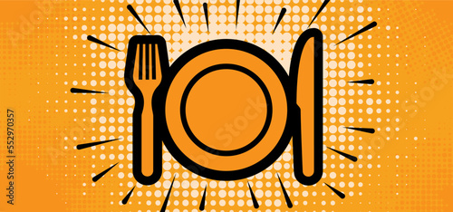 Dinner plate icon or logo. Cartoon Plate dish with fork and knife symbol. Basic restaurant etiquette at the table. Cutlery, dining etiquette, table manners. Dots pattern. Eating rules. 
