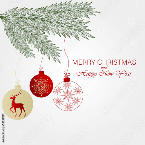 Festive New Year and Christmas greeting background with realistic Christmas tree branches and snowflakes and balls. Can be used as a web banner  poster  postcard  greeting card