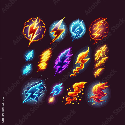 Cartoon lightning effect. Thunderbolt strike comic sprite asses for game. Isolated on a black background. Vector illustration