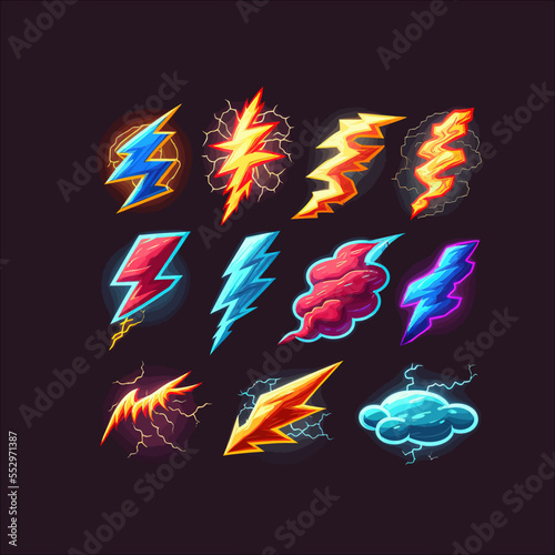 Cartoon lightning effect. Thunderbolt strike comic sprite asses for game. Isolated on a black background. Vector illustration