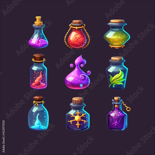 Game potion. Cartoon elixir for strength mana and stamina. Isolated on a white background. Vector illustration