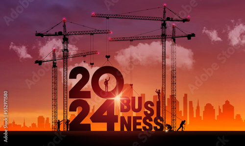 Business in the New Year 2024. Vector realistic business finance background. 2024 construction site crane building a business text idea concept. Black silhouette illustration design.