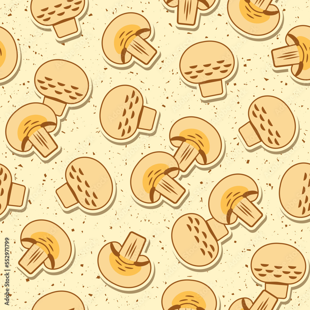 Seamless pattern with mushrooms in simple style. Elements like stickers of champignon slices. Good for branding, decoration of food package, cover design, decorative print, background Seamless pattern with mushrooms in simple style. Elements like stickers of champignon slices. Good for branding, decoration of food package, cover design, decorative print, background