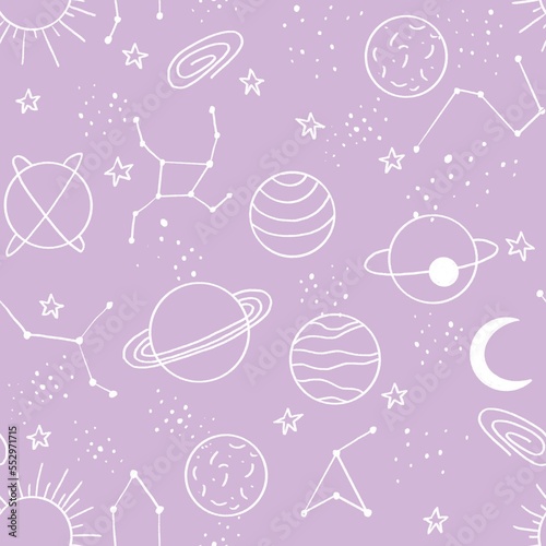Space seamless pattern. Planets, constellation. stars, galaxies in repeated texture. Universe textile print