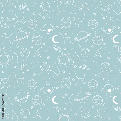 Space seamless pattern. Planets, constellation. stars, galaxies in repeated texture. Universe textile print