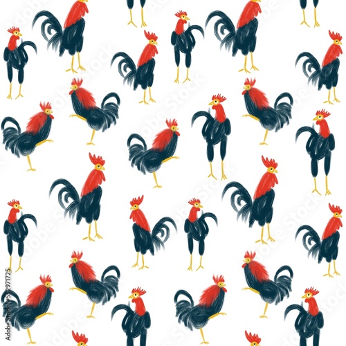 Roosters seamless pattern. Farm cock seamless texture. Birds on white background