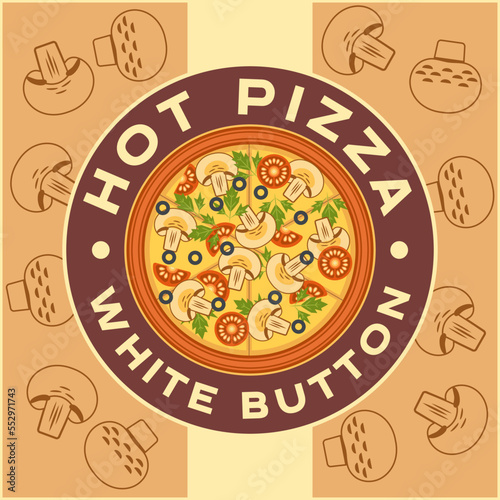 Round logo with fresh pizza with mushrooms, tomato, olive, parsley. Traditional italian fast food. Background with outline champignons. Vector illustration in simple minimal style