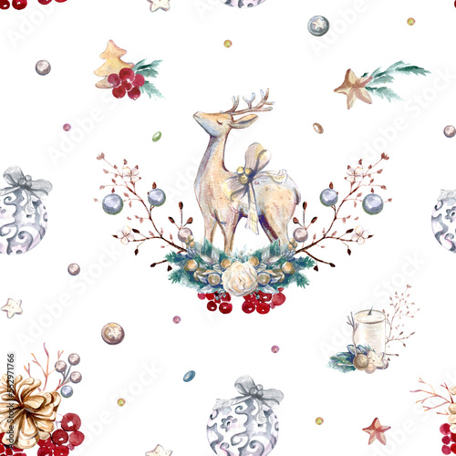 Watercolor seamless pattern with deer and Christmas toys. New Year texture. transparent background. PNG.
