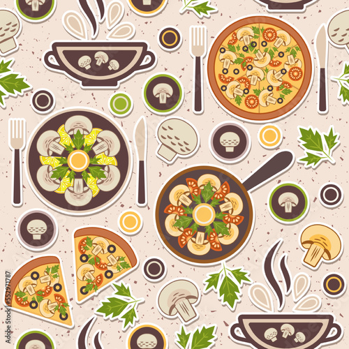 Seamless pattern with mushroom meals. Pizza, soup, raw, fried champignons. Textured background. Simple geometric style. Good for branding, decoration of food package, cover design, decorative prints