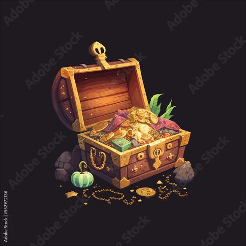 Cartoon treasure. Game icons of open chests and bags with gold. Isolated on a black background. Vector illustration