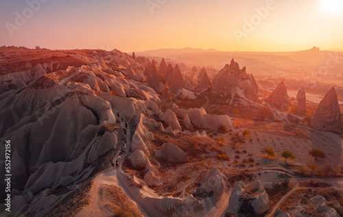 Beautiful landscape Cappadocia stone and old cave house with horse tour in Goreme national park. Concetp Turkey travel banner
