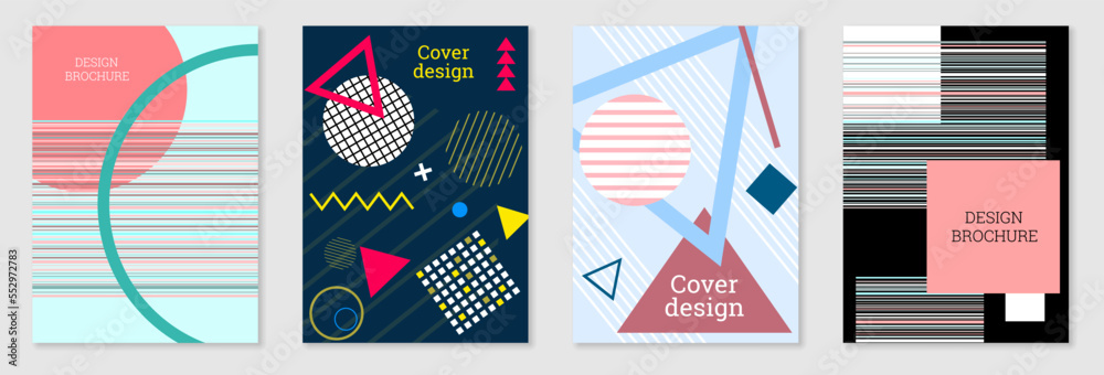 Set of cover design in Memphis style. Geometric design, abstract background. Fashionable bright cover, banner, poster, booklet. Creative colors. Set of cover design in Memphis style. Geometric design, abstract background. Fashionable bright cover, banner, poster, booklet. Creative colors.