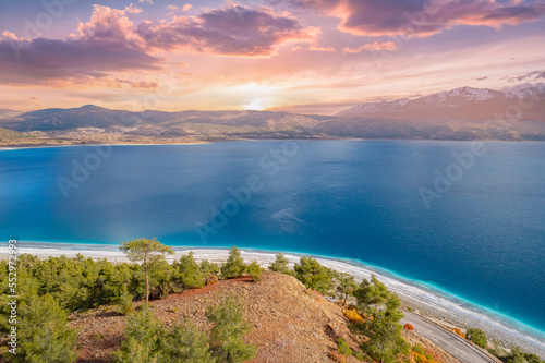 Turkey Salda lake with blue turquoise water, aerial view landscape