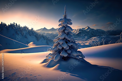 Christmas tree standing in a vast open snow scape, mountain background.