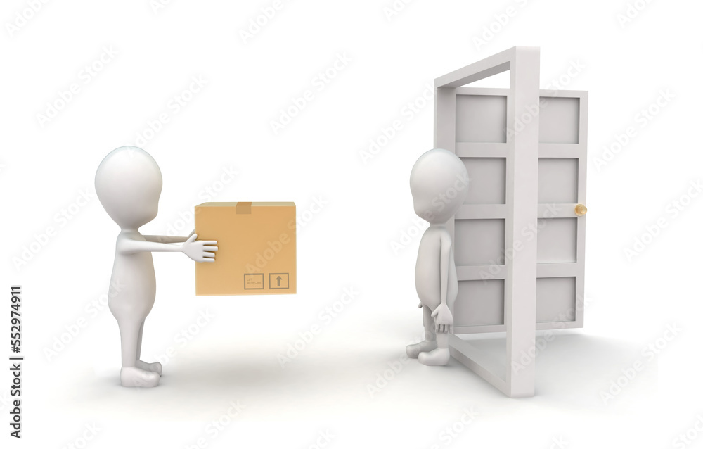 3d man delivering box at door to another man concept 3d man delivering box at door to another man concept