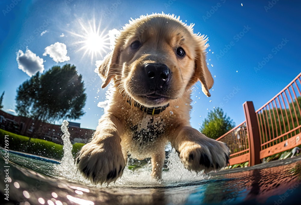 fisheye lens captured a cute Golden Retriever puppy dog, having fun in the water, looking into camera, splashing, happy. - obrazy, fototapety, plakaty 