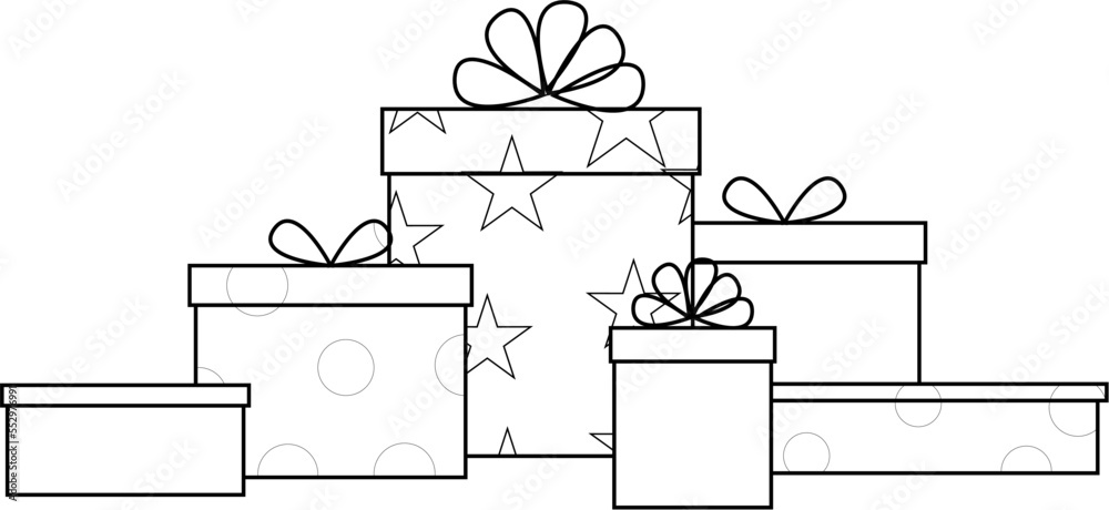 black and white graphic simple drawing of gift boxes of different sizes, isolated element, decor black and white graphic simple drawing of gift boxes of different sizes, isolated element, decor