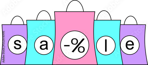 simple color graphic drawing with black outline of paper bags from the store, isolated element, decor