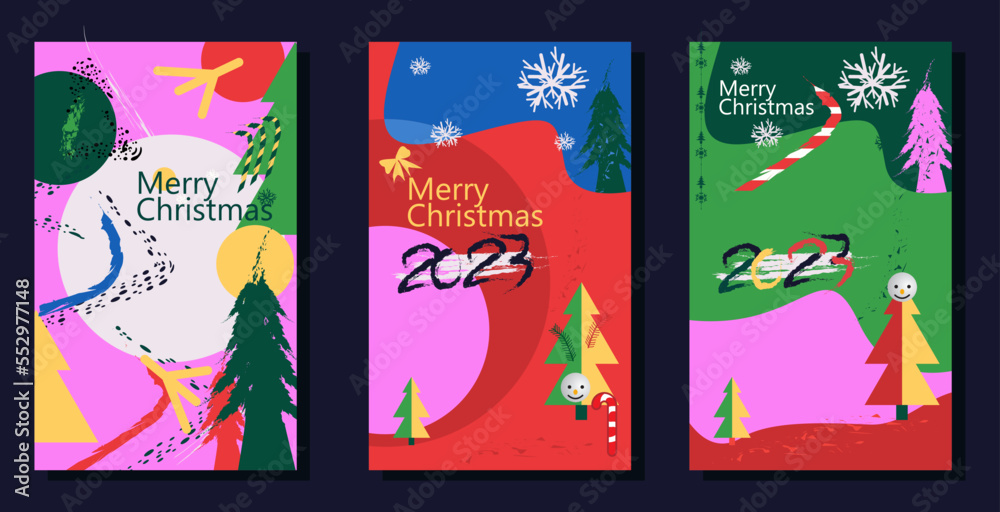 Merry Christmas and Happy New Year 2023 banner or card. trendy color abstract background for poster, cover, header for website.