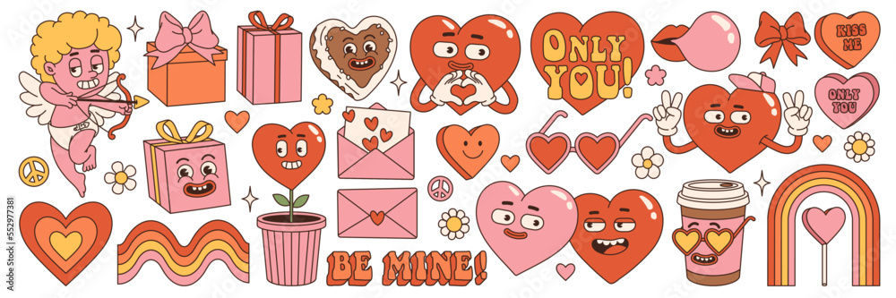 Groovy lovely hearts stickers. Love concept. Happy Valentines day. Funky happy heart character in trendy retro 60s 70s cartoon style. Vector illustration in pink red colors. - obrazy, fototapety, plakaty 
