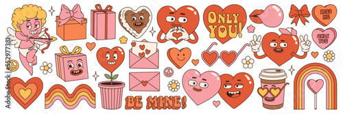 Groovy lovely hearts stickers. Love concept. Happy Valentines day. Funky happy heart character in trendy retro 60s 70s cartoon style. Vector illustration in pink red colors. photo