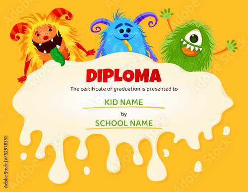 Kids diploma with cute funny monster characters.