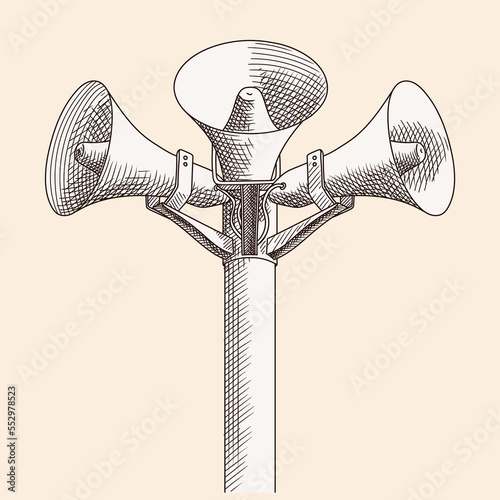 Three loudspeakers are mounted on a pole and directed in different directions. Figure isolated on beige background