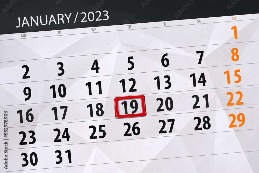 Obraz premium Calendar 2023, deadline, day, month, page, organizer, date, january, thursday, number 19