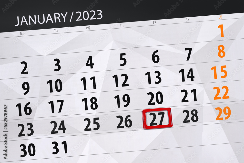 Obraz premium Calendar 2023, deadline, day, month, page, organizer, date, january, friday, number 27