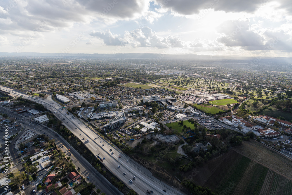 Aerial view of the Mission Hills neighborhood in the San Fernando Valley portion of Los Angeles, California.
