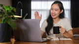 Cheerful young woman having video call, chatting online via laptop computer.