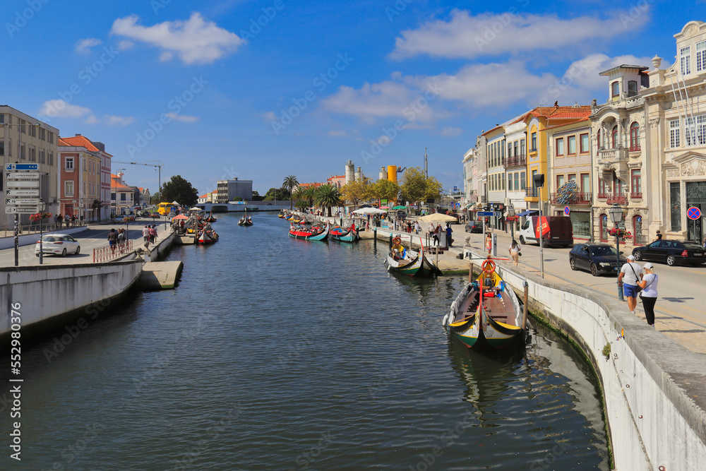 Colorful traditional boats in the canal of Aveiro, Portugal.