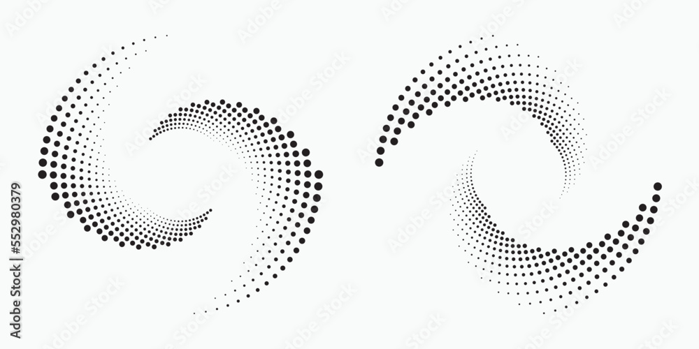 Circle halftone spiral backdrop set. Dotted abstract concentric circle. spiral, swirl, twirl element. Circular and radial dots helix. Design element for multipurpose use.	