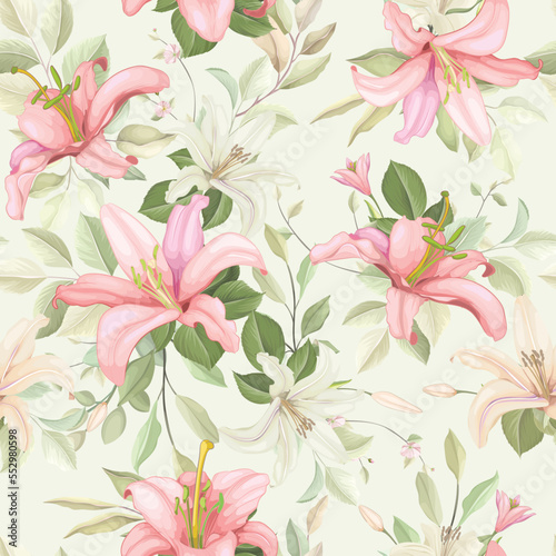 hand drawn floral lily and roses seamless pattern design