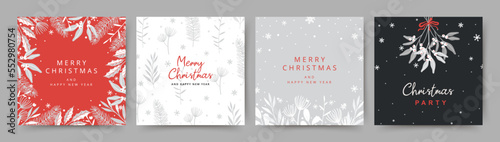 Merry Christmas greeting cards. Hand drawn holiday background with christmas tree branches, mistletoe and snowflakes. Winter vector illustration in flat style for cover, banner, social media post