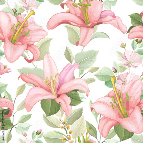 Fototapeta Naklejka Na Ścianę i Meble -  hand drawn floral lily and roses seamless pattern design