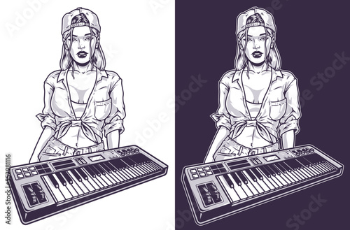 Girl with synthesizer element monochrome