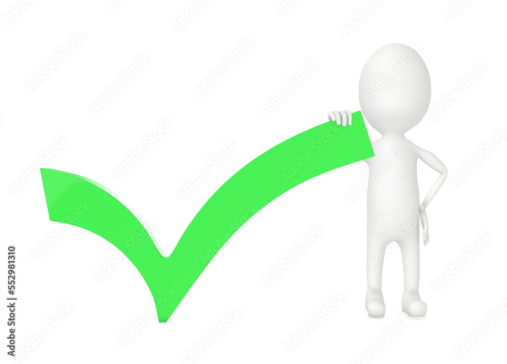3d character , man and green tick mark in white isolated background