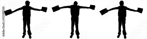 The teen widely spaced both hands, holding books and notebooks in his hands. The boy tilted his head slightly back in joy - back to school. Front view, full face. Black silhouettes isolated on white