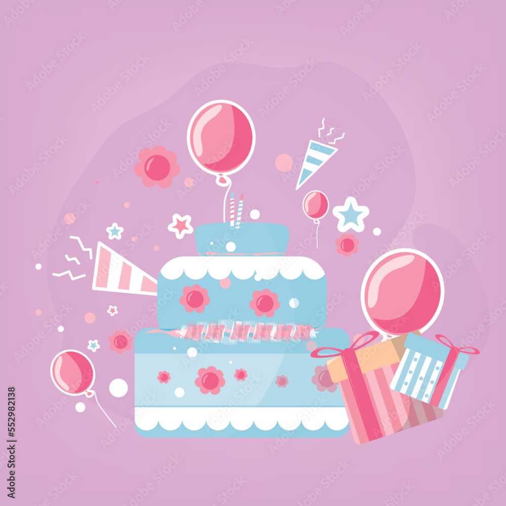 girly birthday cake and ornament. suitable for kids birthday card. vector illustration eps 10