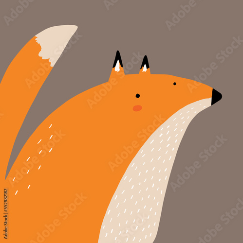 Cartoon of Orange Fox. Cute Hand Drawn Vector Illustration with Fluffy Fox on a Brown Background. Simple Woodland Print. No Text. Nursery Art ideal for Poster, Wall Art, Woodland Party Decoration.