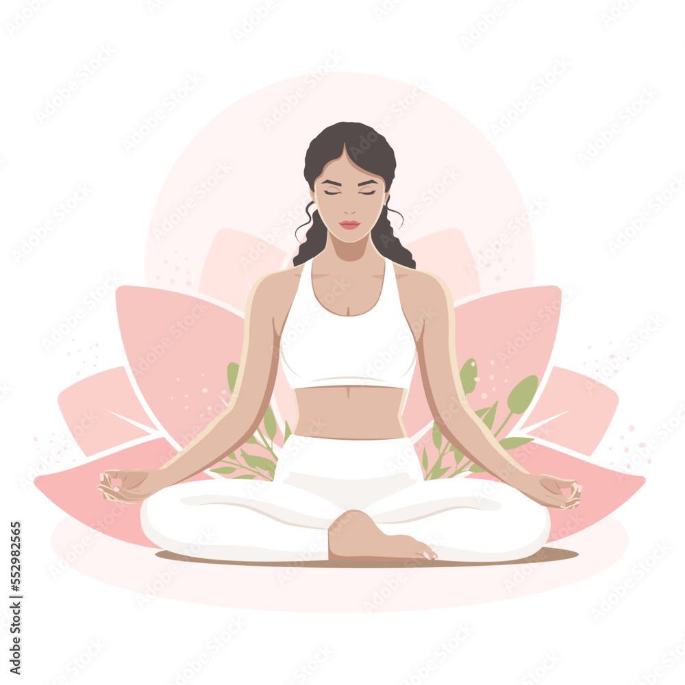 Yoga meditation of a cute girl in a lotus position against the white background of a lotus flower and the rising sun Yoga meditation of a cute girl in a lotus position against the white background of a lotus flower and the rising sun