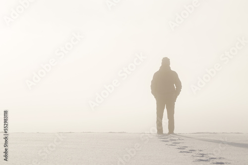 Young adult man silhouette standing in nature mist and looking far away Fototapet