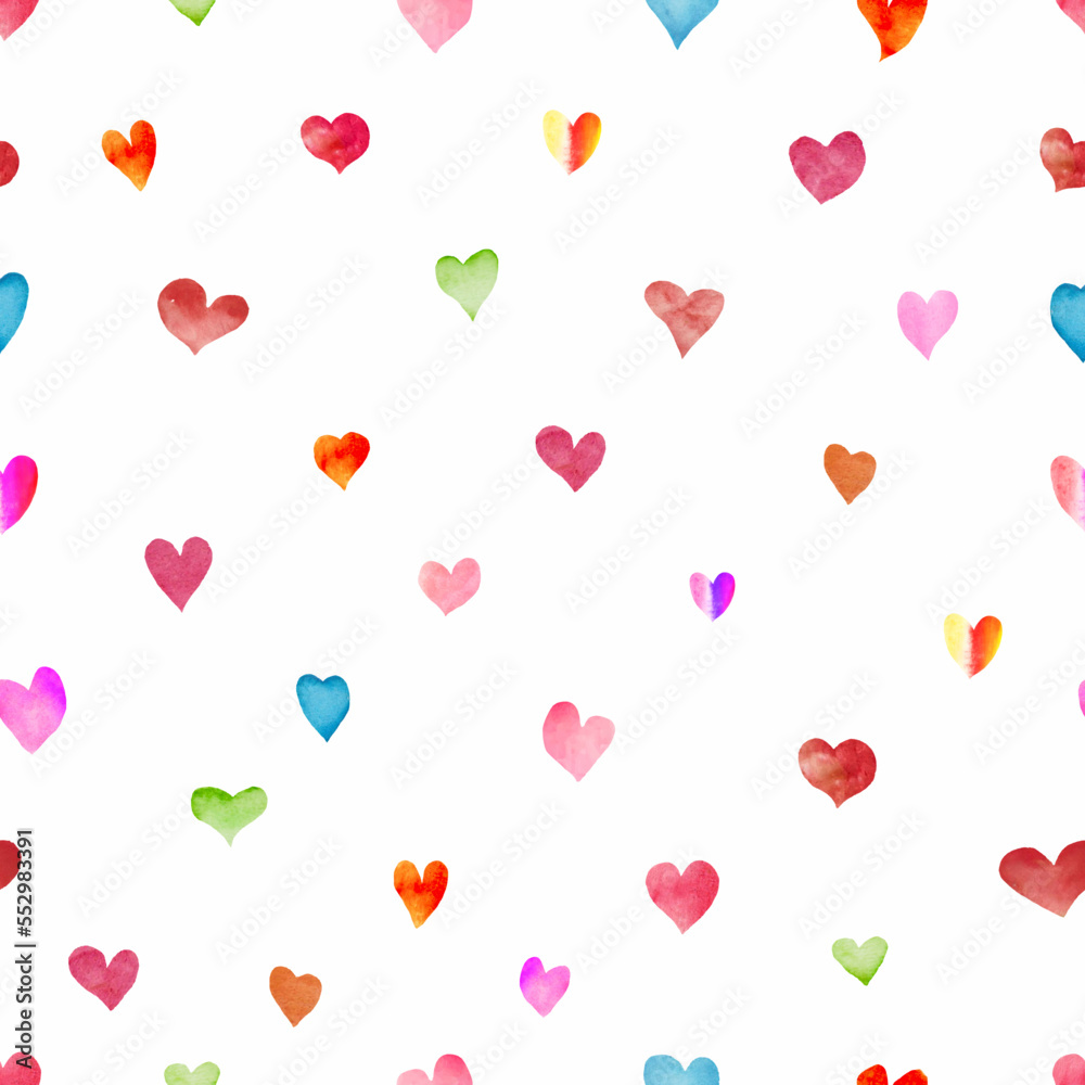 Watercolor seamless pattern with abstract  colorful hearts. Hand drawn  illustration isolated on white background. For packaging,  wrapping design. Suitable for design on valentine's day. Vector EPS.