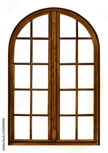 Old brown wooden window with arch on white backgroun