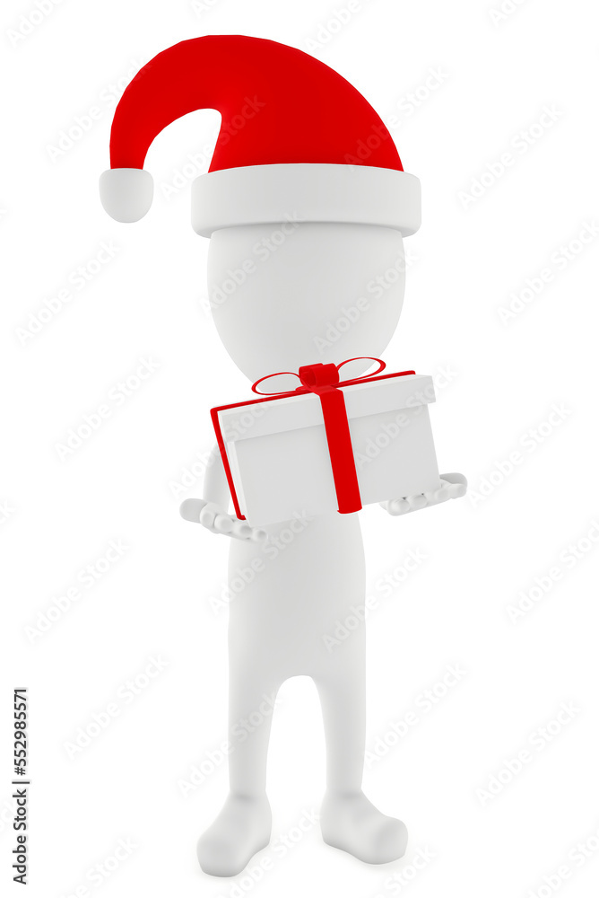 3d character wearing a xmas cap and holding wrapped gift 3d character wearing a xmas cap and holding wrapped gift
