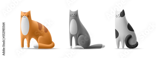 Set of volumetric happy cats of different colors in 3D cartoon style. Isolated illustration of cute funny kitten. Vector template ginger tabby, red striped, grey, spotted cat sits
