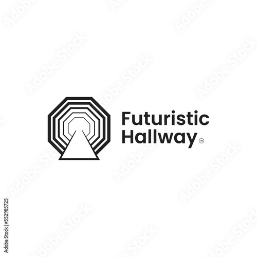 outline futuristic tunnel hallway railway iconic logo vector design template. futuristic passenger tunnel logo design vector illustration with modern and elegant styles isolated on white background photo