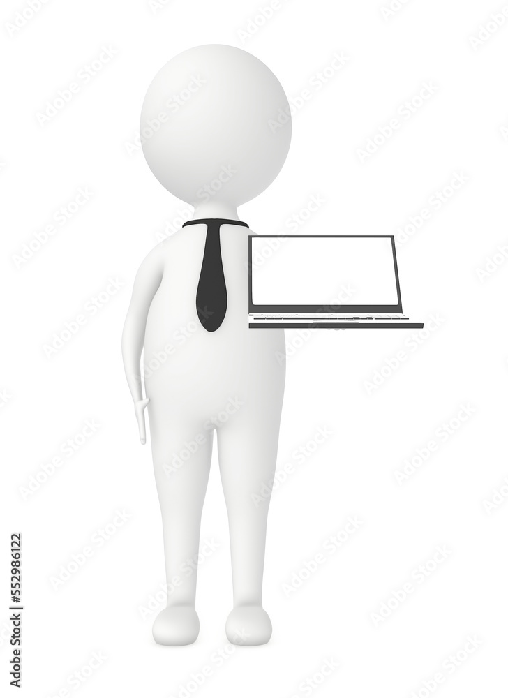 3d character , man showing a laptop with empty white copspace screen 3d character , man showing a laptop with empty white copspace screen